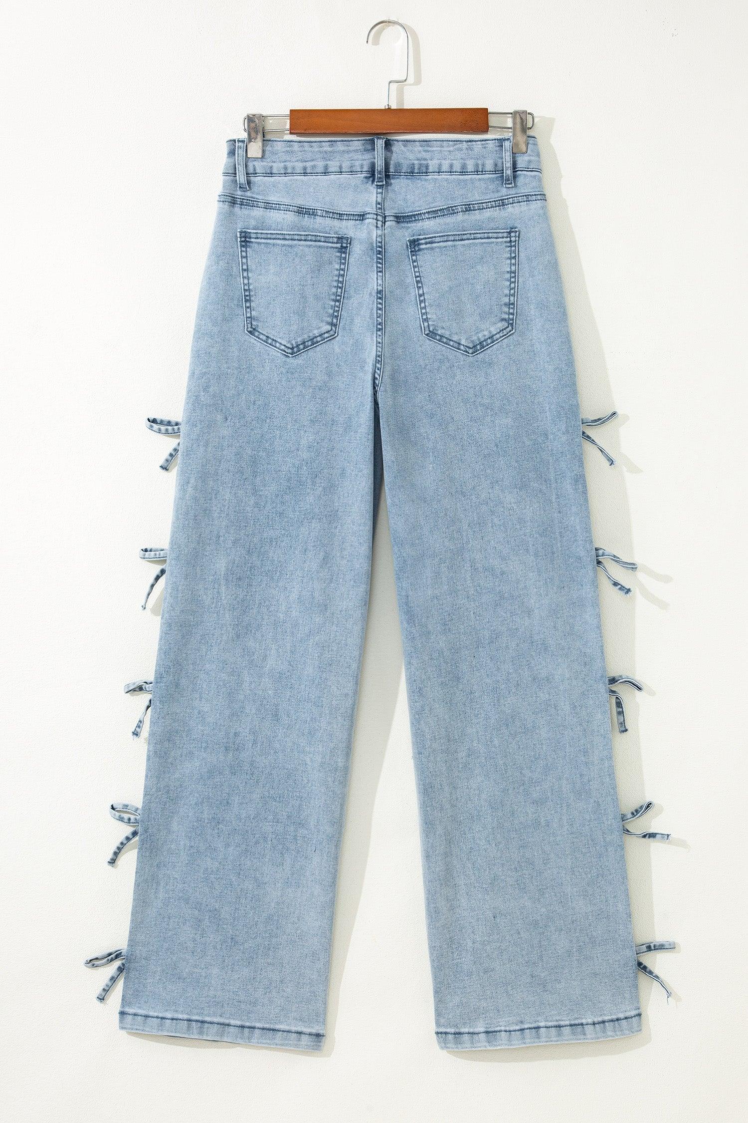 Beau Blue Bow Knot Side Detail Straight Leg Loose Jeans