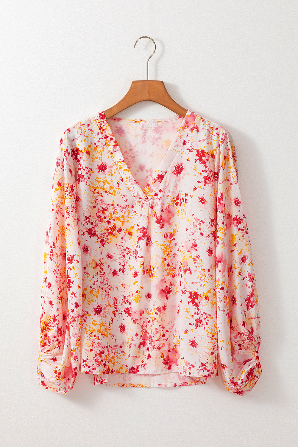 Pink Floral Bubble Sleeve V Neck Blouse