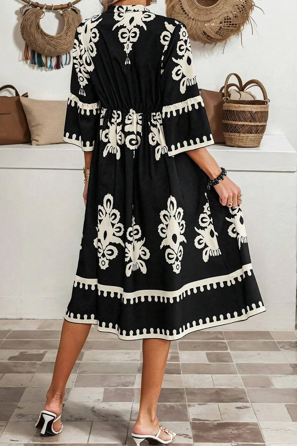 Rubie Black Western Geometric Print 3/4 Sleeve Loose Midi Dress