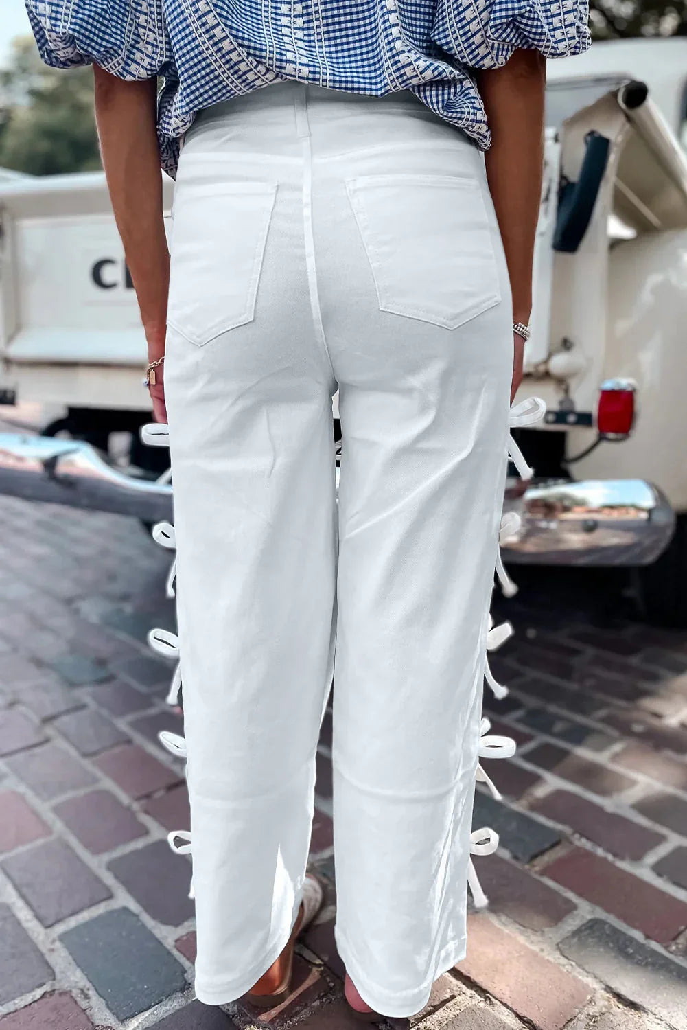 Beau Blue Bow Knot Side Detail Straight Leg Loose Jeans