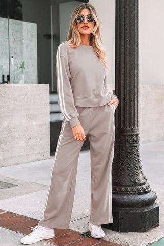 Gray Morn Varsity Striped Detail Crewneck Pullover Two Piece Outfit