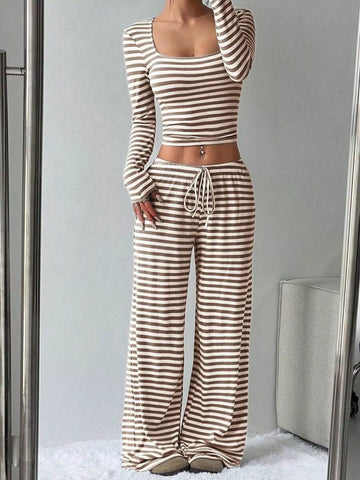 Laura Striped Long Sleeve Crop Two Piece Sets