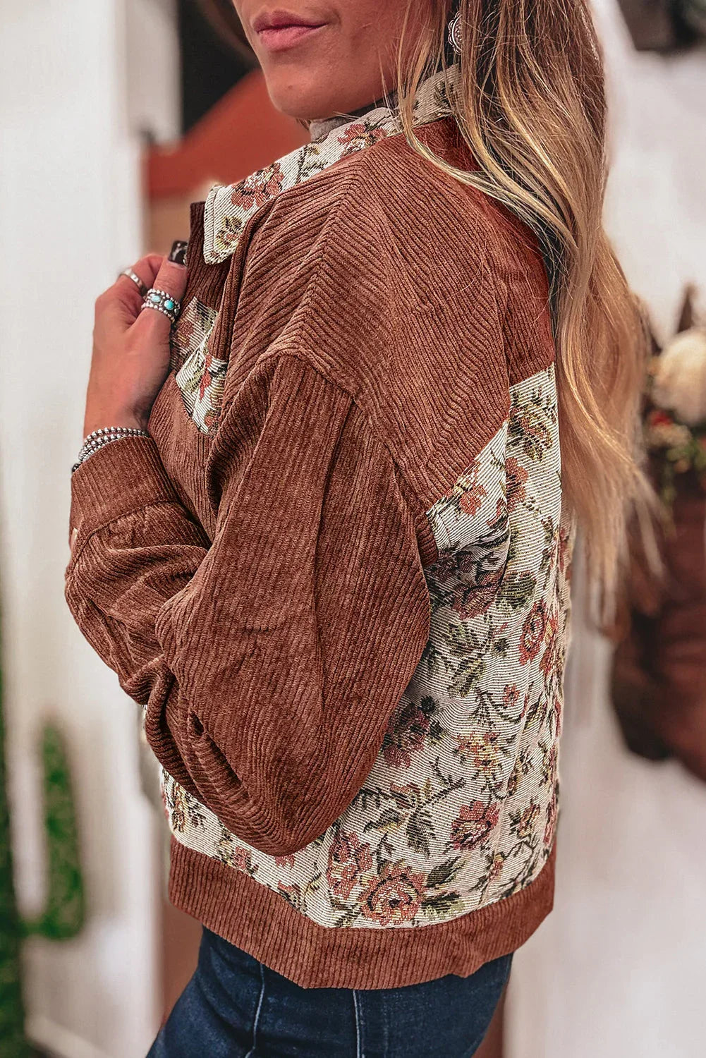 Clay Ribbed Retro Floral Patchwork Jacket