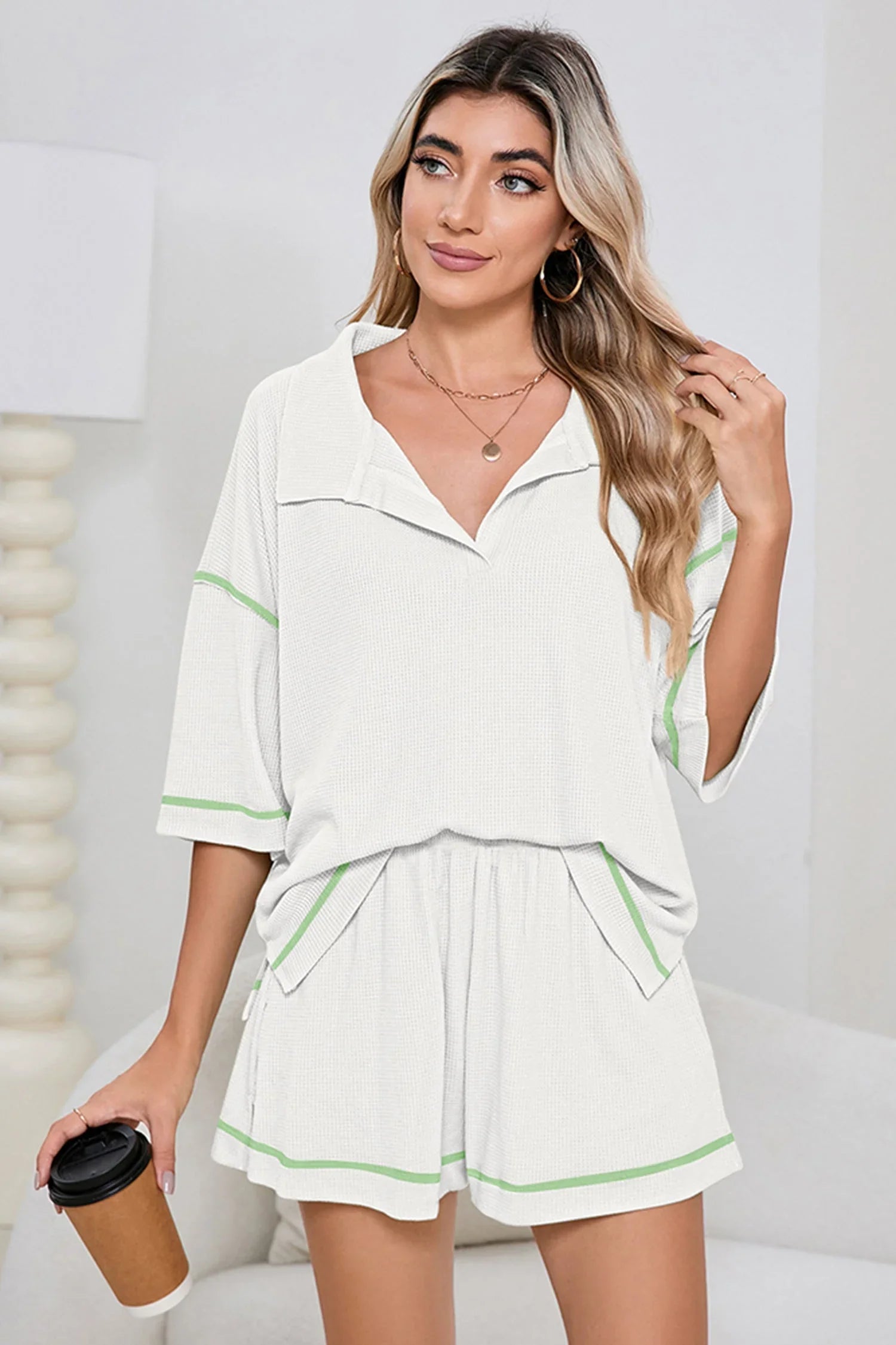 Wanda Colorblock Trim Waffle Knit Two Piece Sets