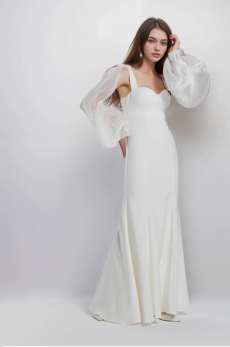 Ethereal Sculpted Bust Mermaid Gown with Sheer Balloon Sleeves Dress
