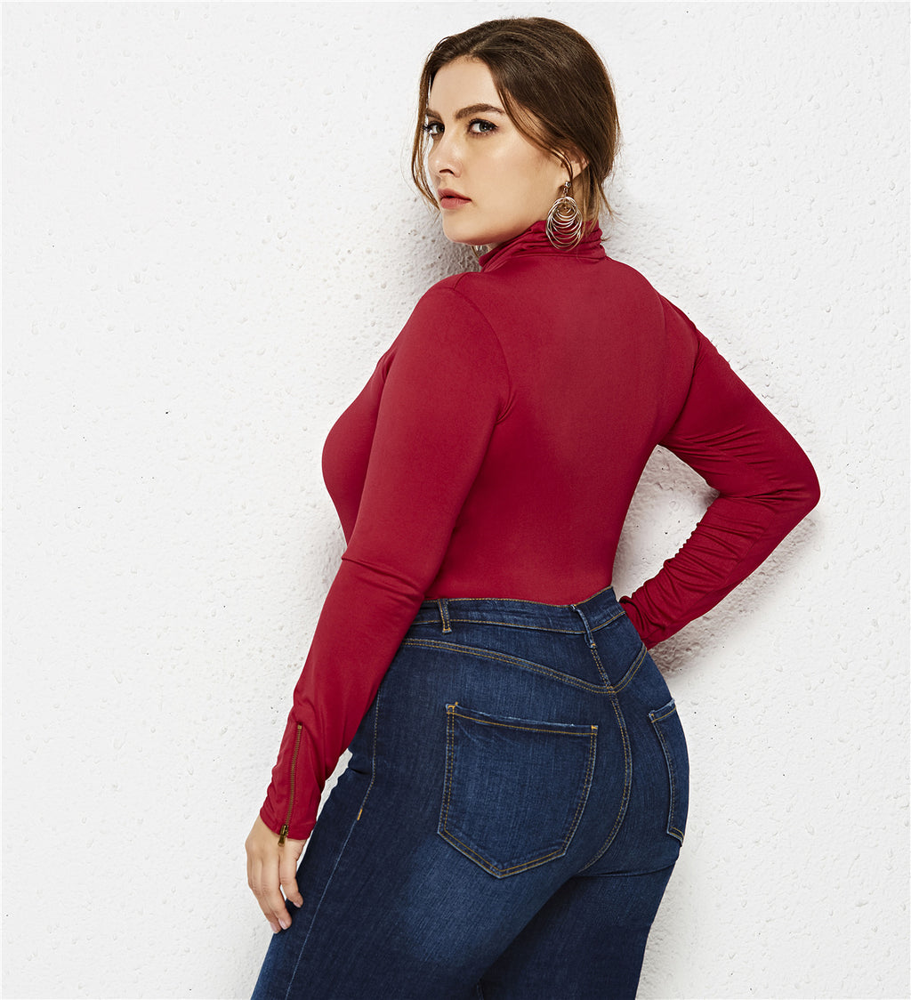 Plus Size Women Clothing Sexy Bottoming Shirt Solid Color Turtleneck Long Sleeve Triangle Tight Jumpsuit