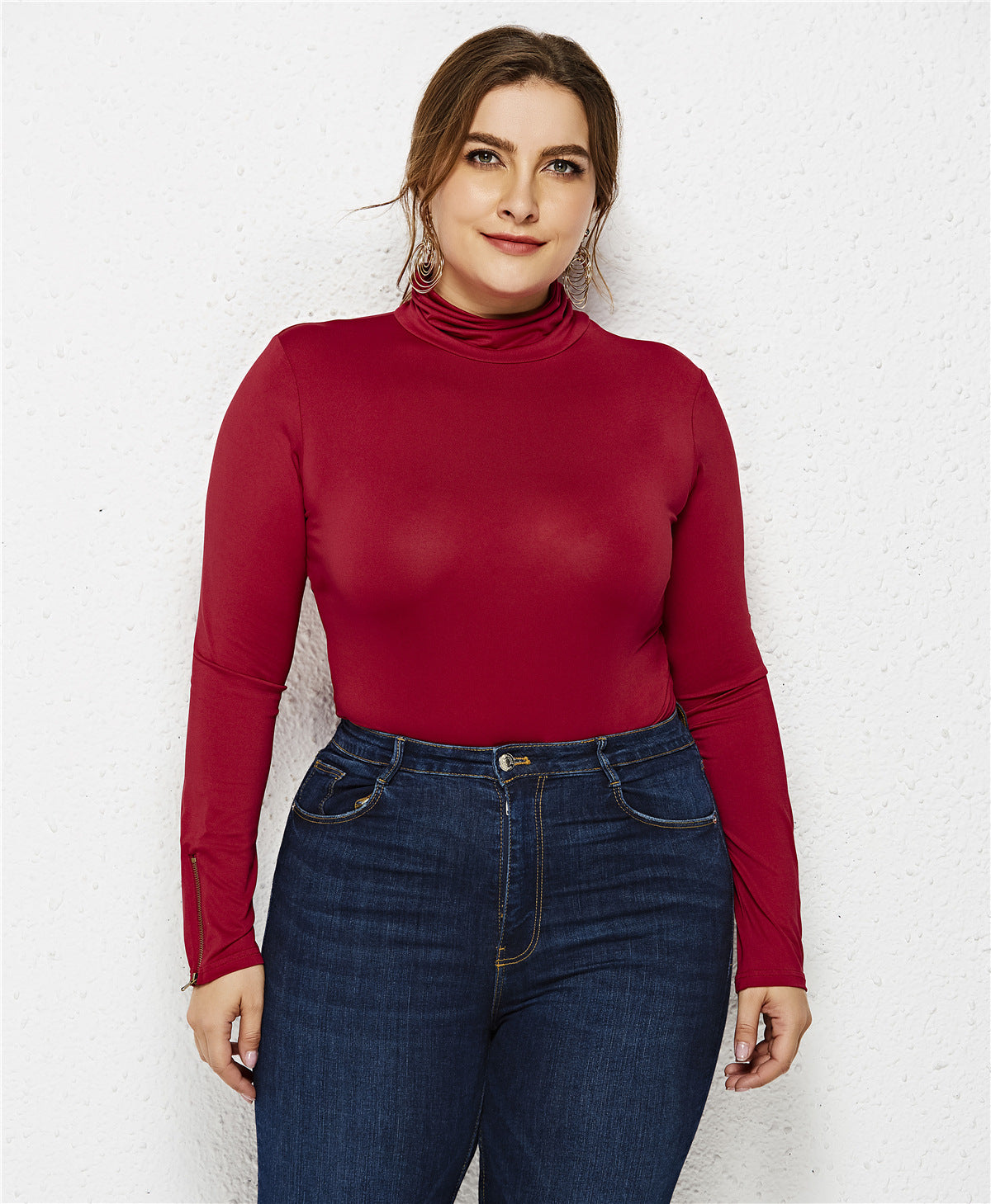 Plus Size Women Clothing Sexy Bottoming Shirt Solid Color Turtleneck Long Sleeve Triangle Tight Jumpsuit