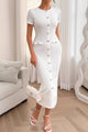 Lovely White Button Decor Fake Pocket Short Sleeve Textured Knit Bodycon Midi Dress