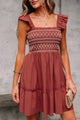 Salina Red Sandalwood Geometric Stitch Shirred Bodice Ruffled Trim Sleeveless Mini Dress