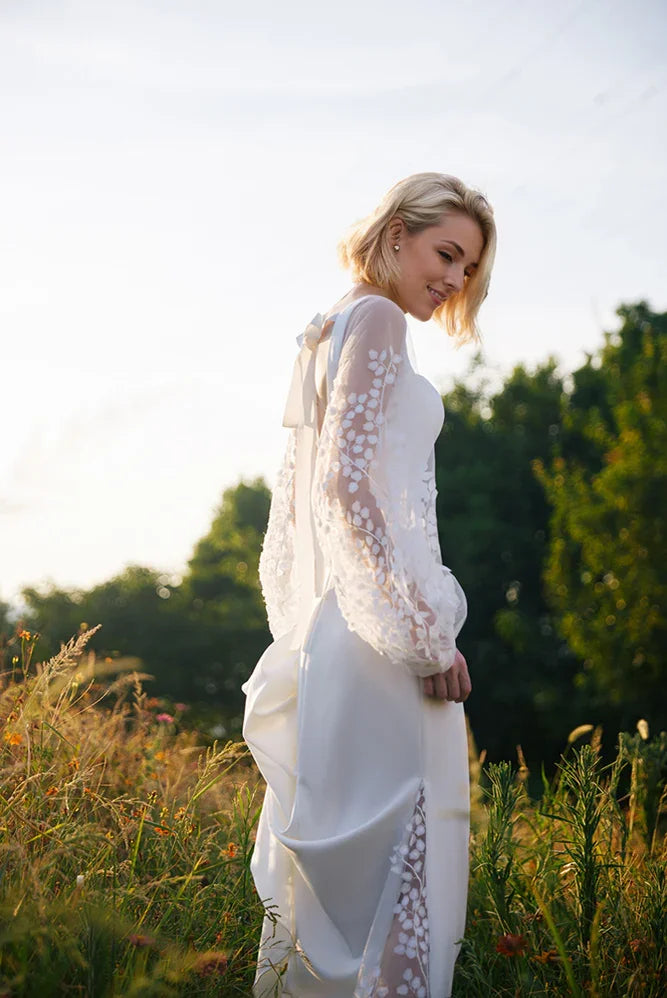 Minimalist Square Neck Wedding Dress with Sheer Embroidered Sleeves