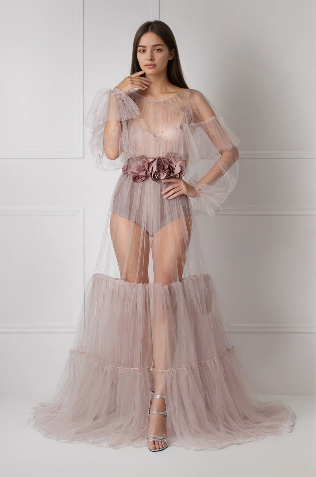 Luxury 3 colors Layered Tulle Sheer Robe | Couture Ruffle Boudoir Robe