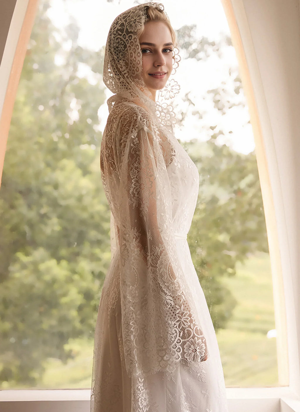 Romantic Floral Lace Hooded Bridal Robe – Long Sheer Lace Cover-Up with Satin Slip