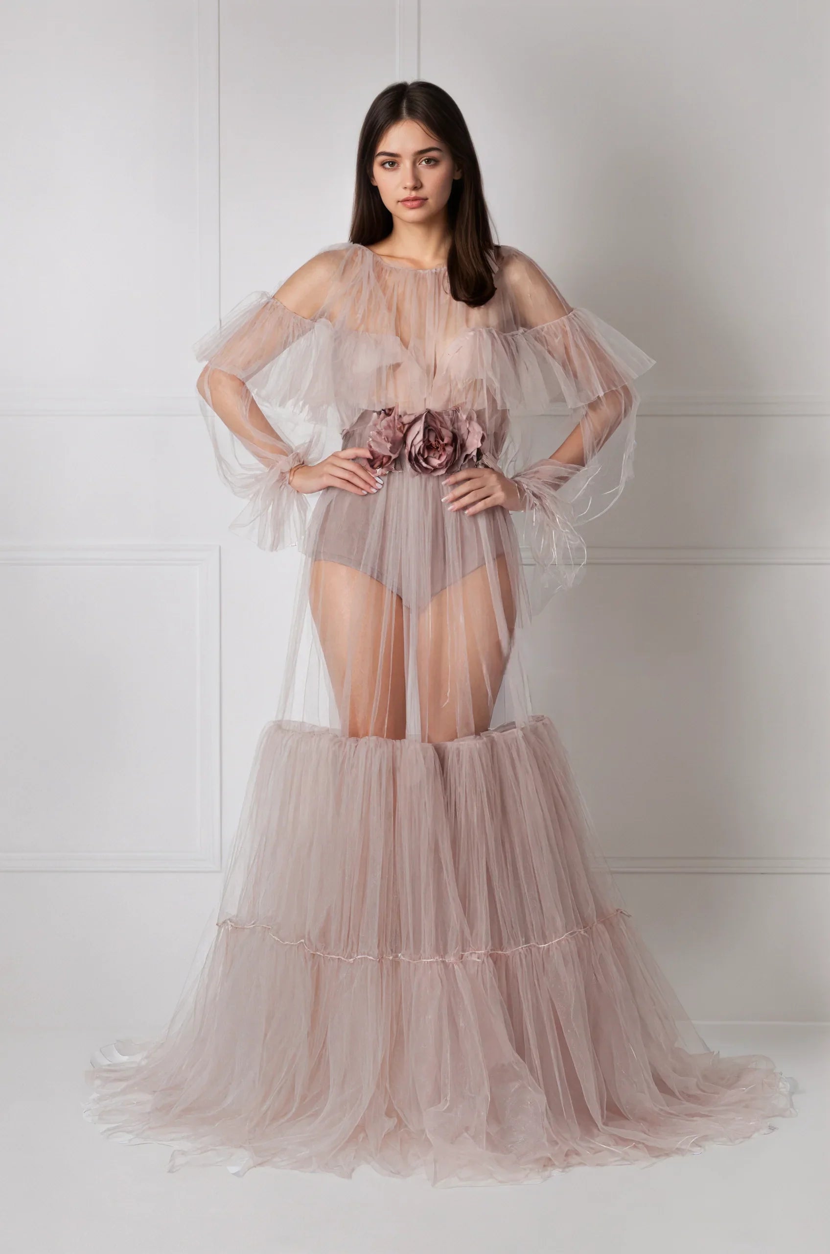 Luxury 3 colors Layered Tulle Sheer Robe | Couture Ruffle Boudoir Robe