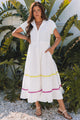 Londra White Colorblock Rickrack Trim Short Sleeve Drawstring Waist Long Dress