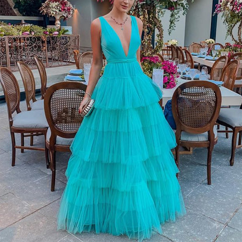 El Salvador Net Yarn Cake V neck Brace Evening Dress