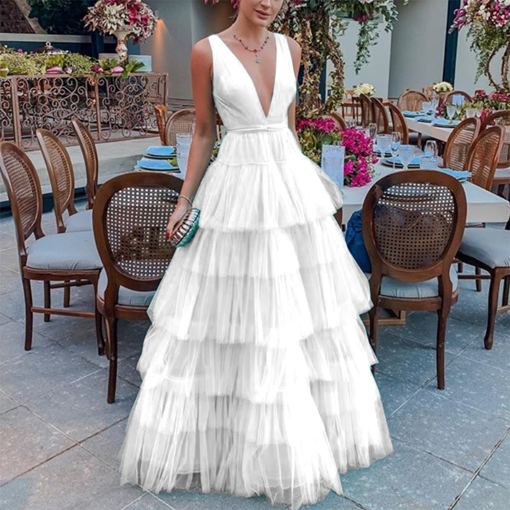 El Salvador Net Yarn Cake V neck Brace Evening Dress