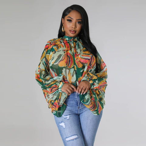 Women  Printing Batwing Sleeve