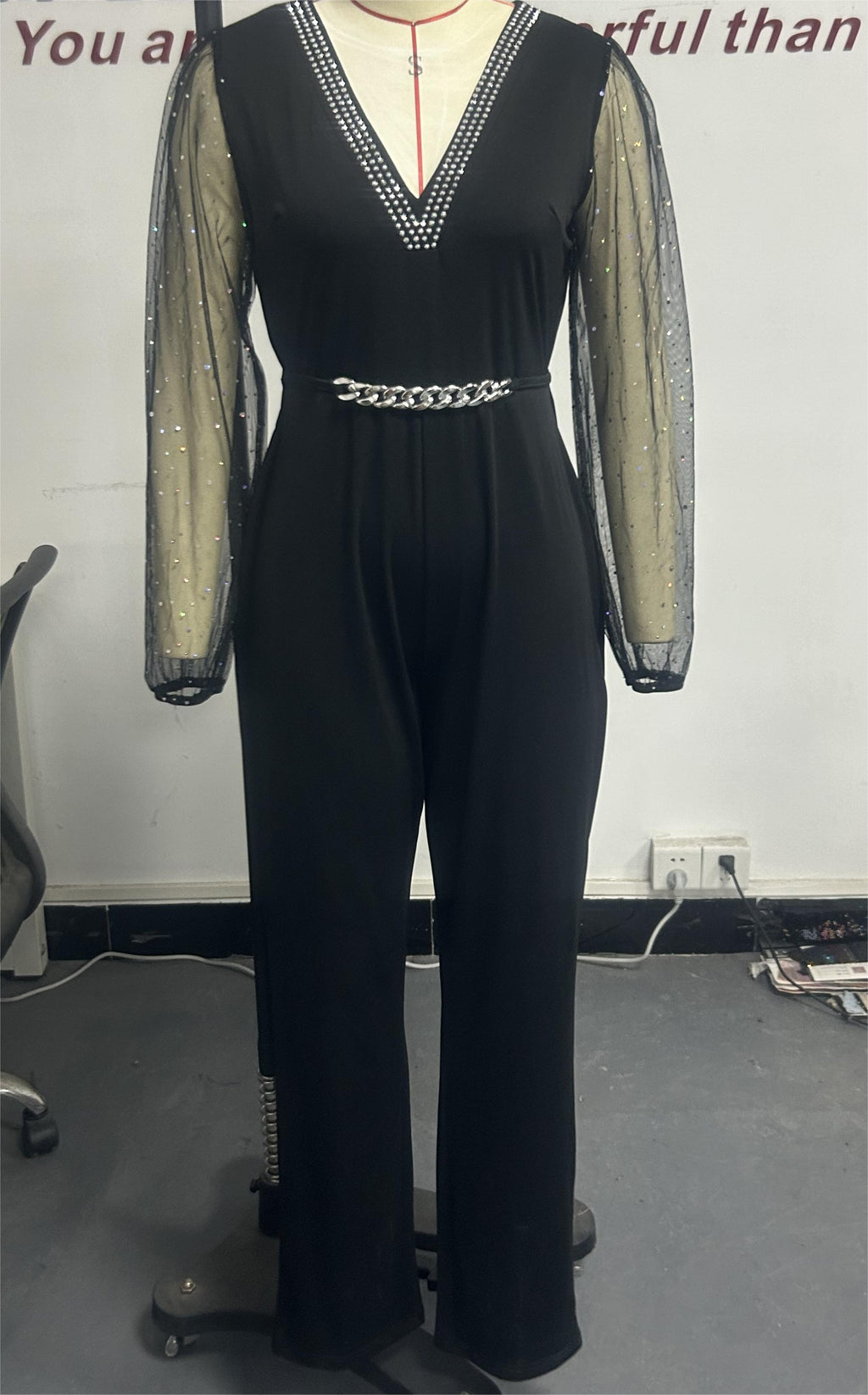 Autumn Women Clothing Solid Color V neck Long Sleeve Rhinestone High Waist Professional Casual Jumpsuit