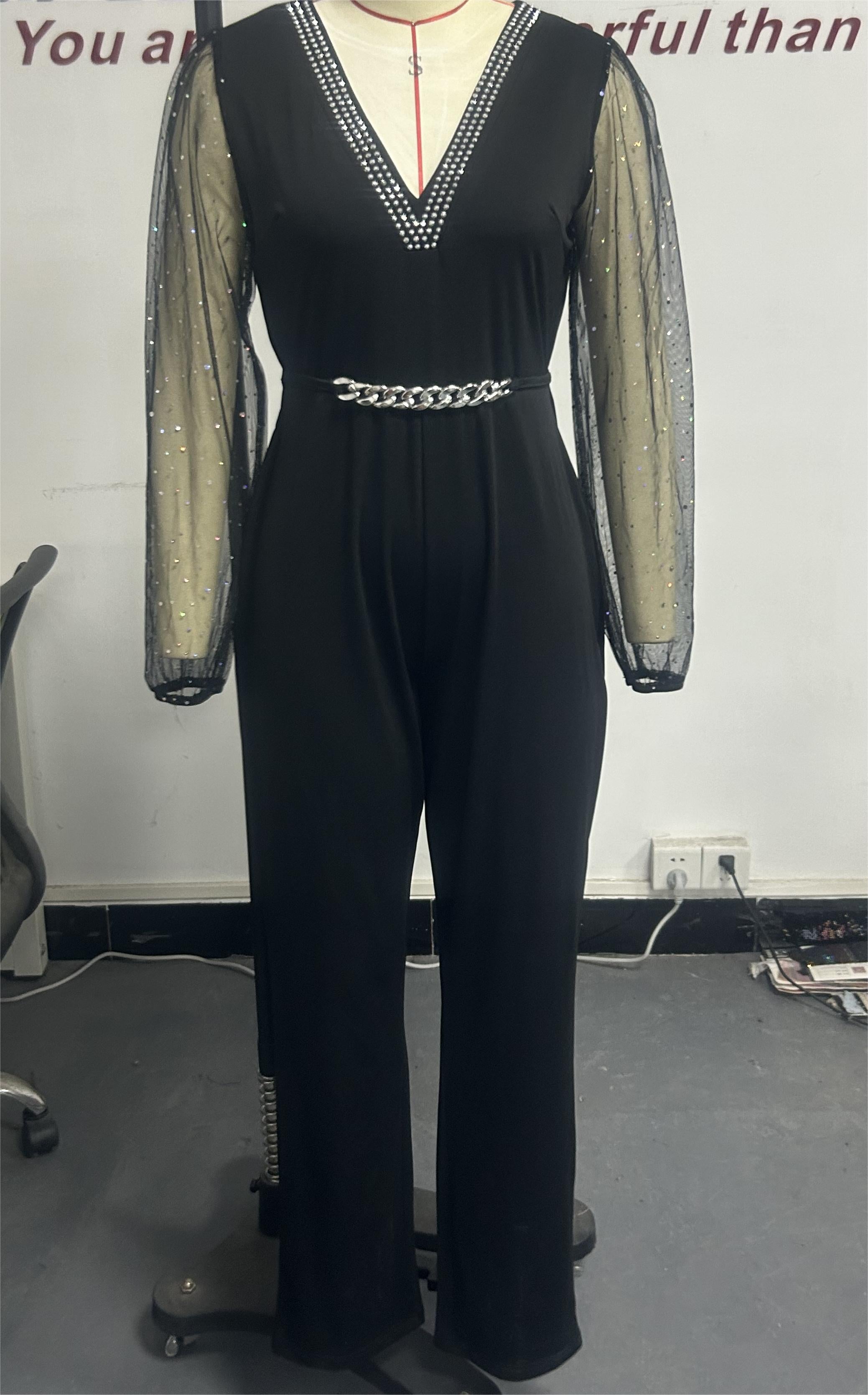 Autumn Women Clothing Solid Color V neck Long Sleeve Rhinestone High Waist Professional Casual Jumpsuit