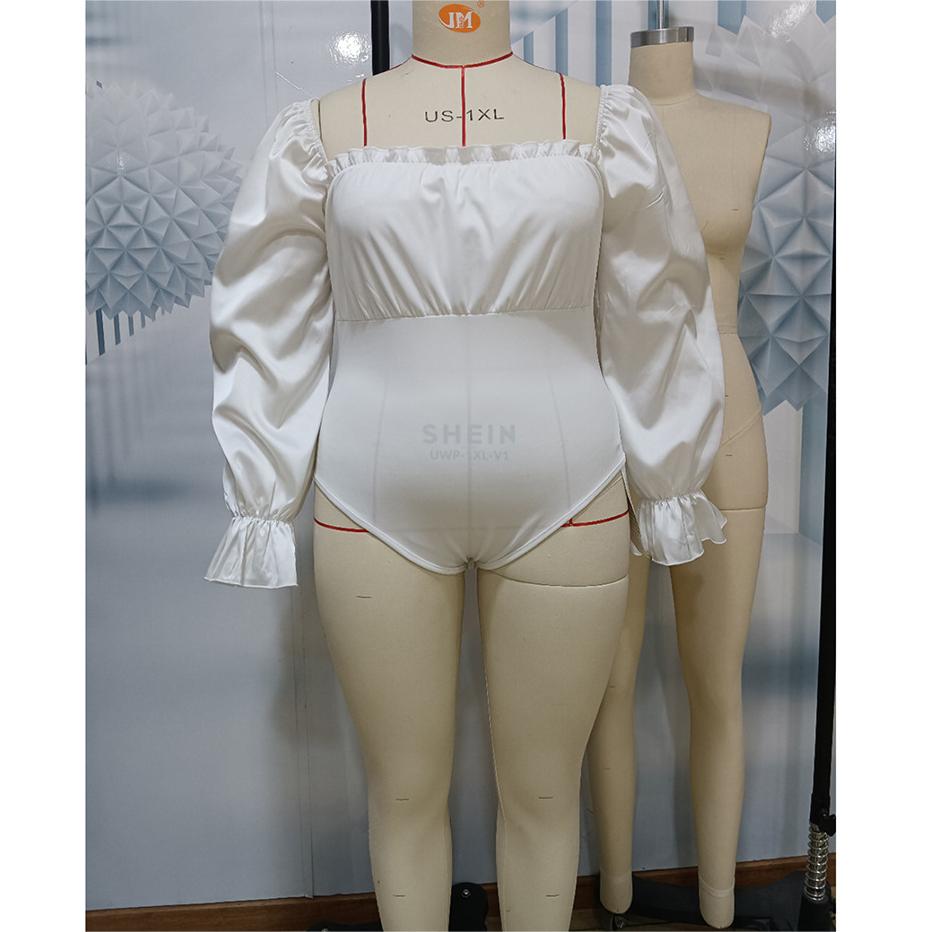 Plus Size Women Clothes Square Collar Long Sleeve Pure White Slim Fit Backless Tied Jumpsuit
