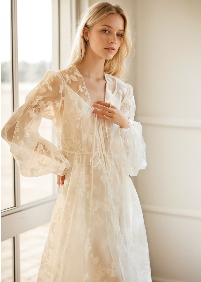 Ethereal Lace Long-Sleeve Sheer Bridal Robe Dress with Train