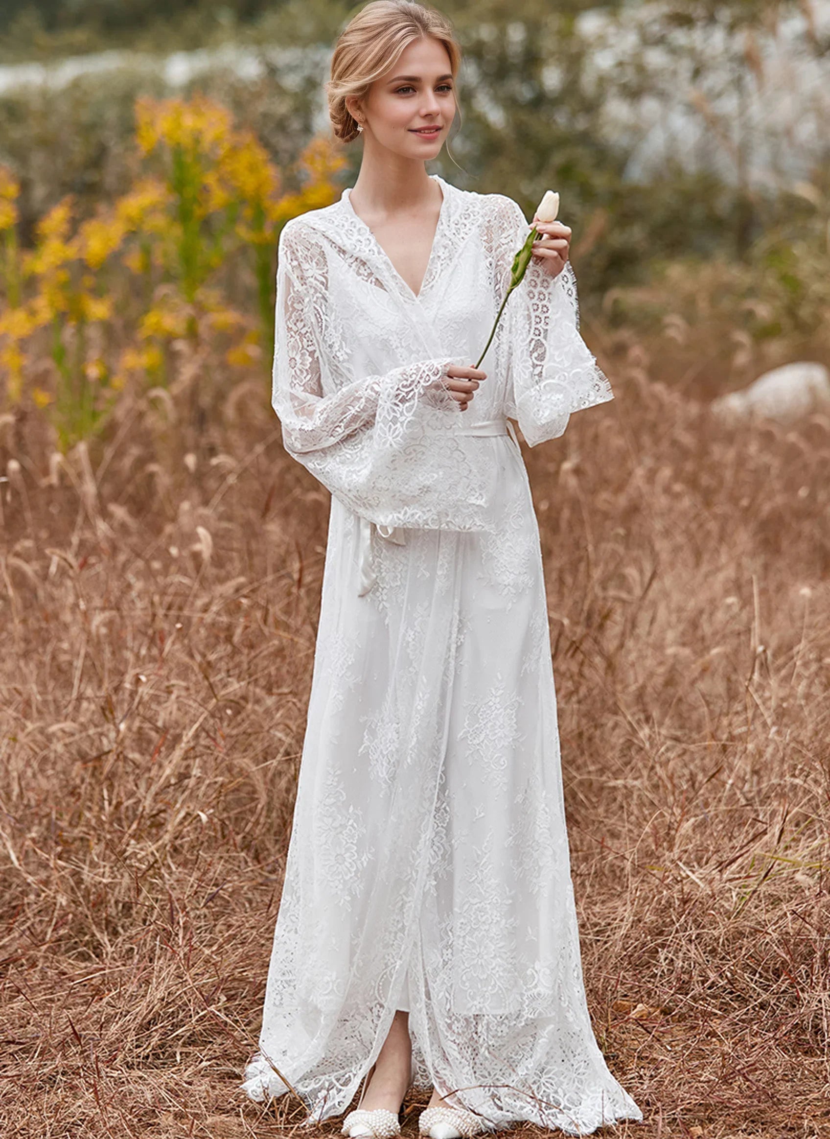 Romantic Floral Lace Hooded Bridal Robe – Long Sheer Lace Cover-Up with Satin Slip