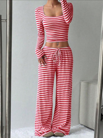 Laura Striped Long Sleeve Crop Two Piece Sets