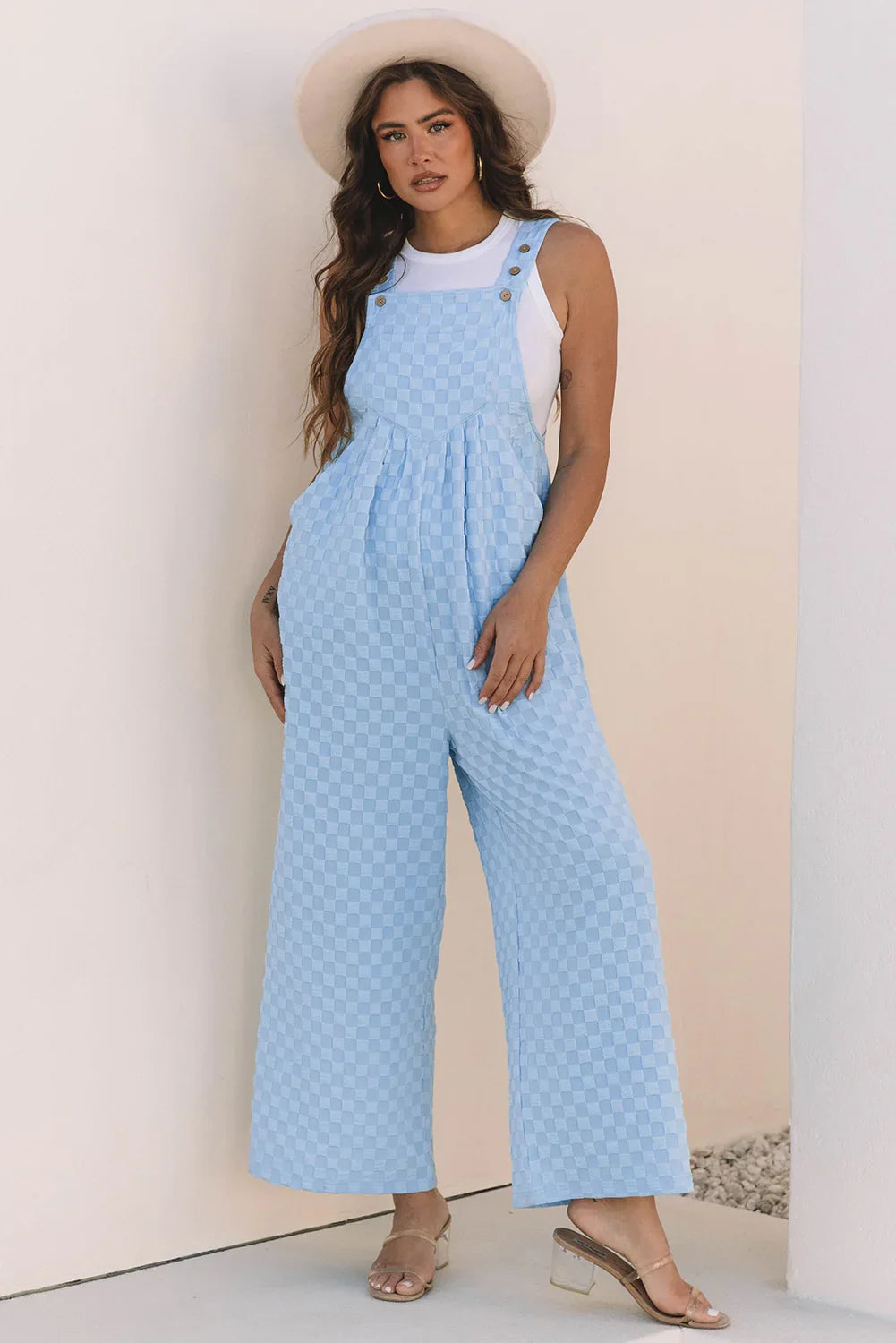 Gates Beau Blue Checkered Pocketed High Waist Wide Leg Overall