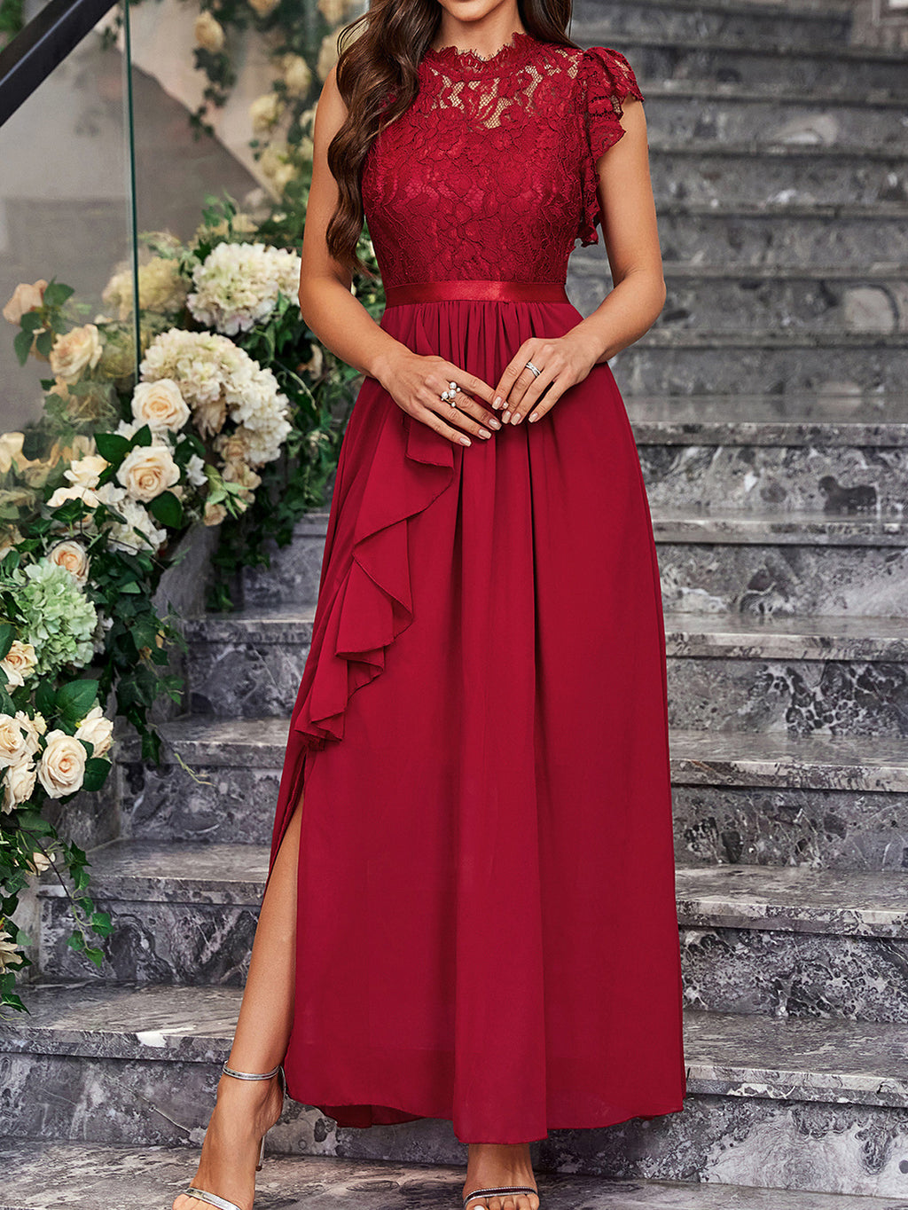 Yauco Elegant Lace Chiffon Slim Fit Slit Solid Color Ladies Dress
