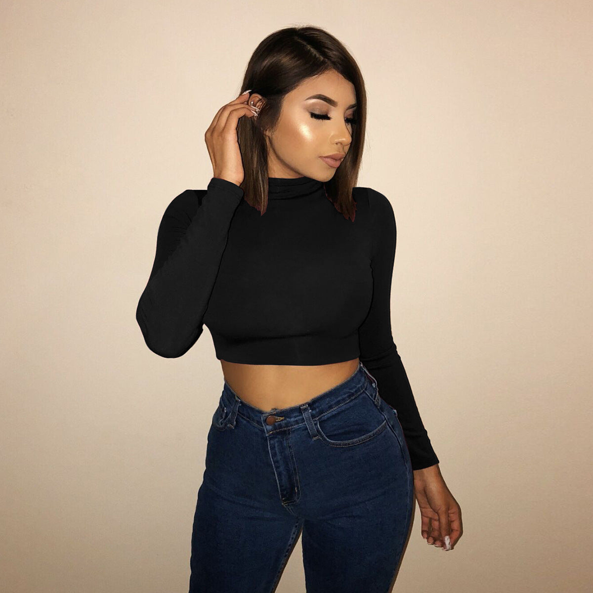 Sexy Cropped Long Sleeve Slim Bottoming Shirt Autumn Winter Women Top