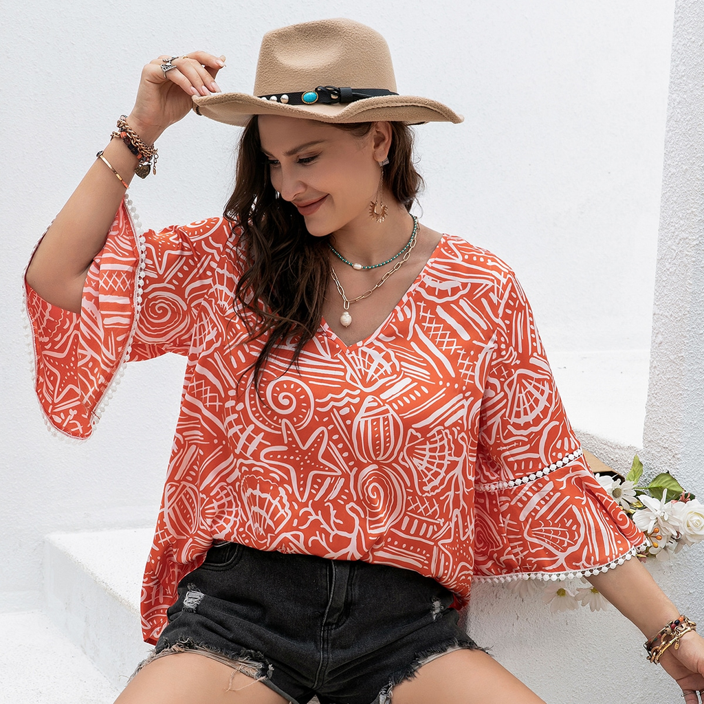 Plus Size Bohemian Orange Casual Floral Stitching Printing Women Top