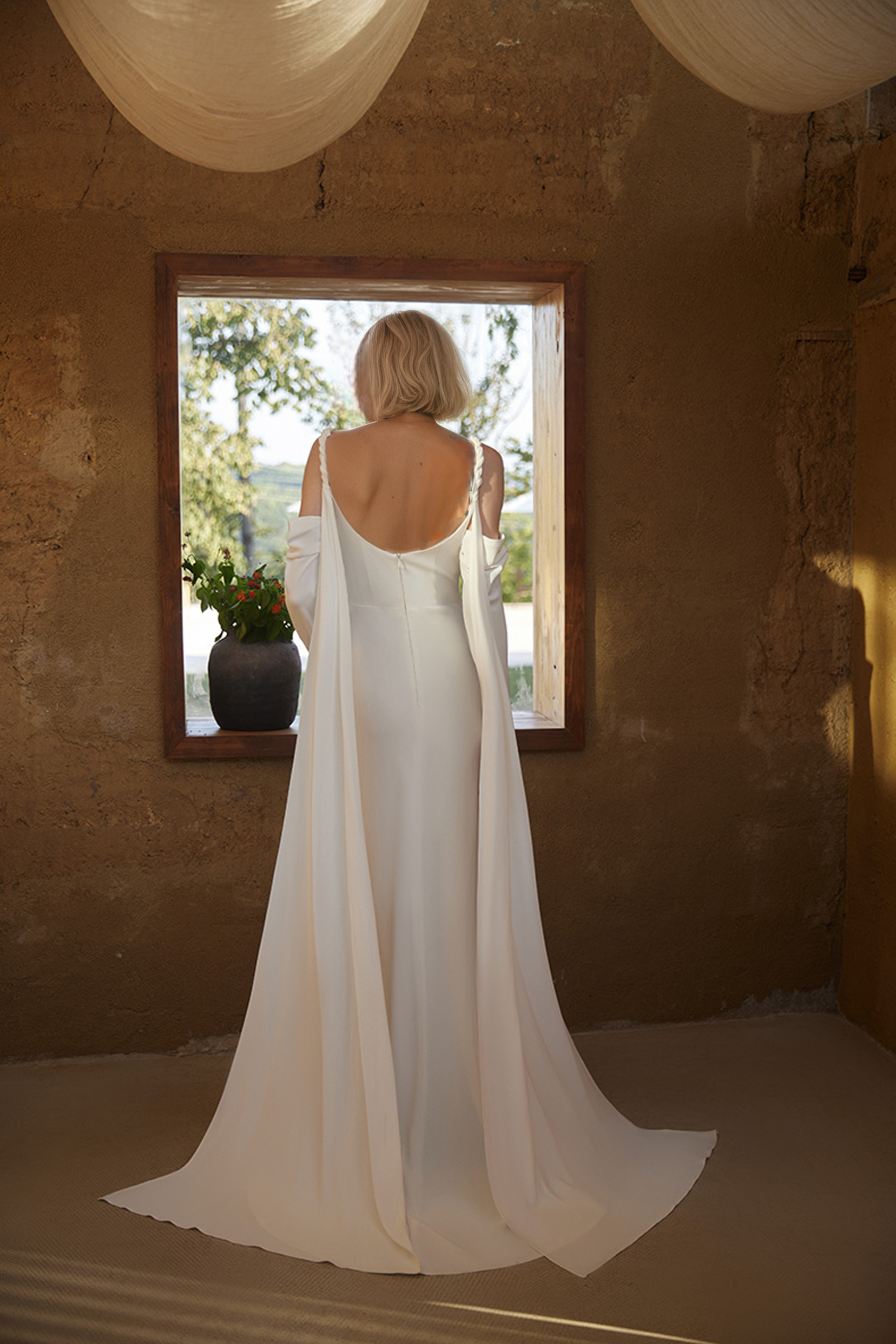 Minimalist Off-Shoulder Satin Wedding Gown with Detachable Sleeves