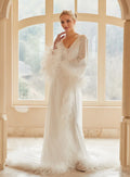 Luxury Thick Ostrich Feather Floor-Length Satin Robe with Train – Elegant Bridal Loungewear