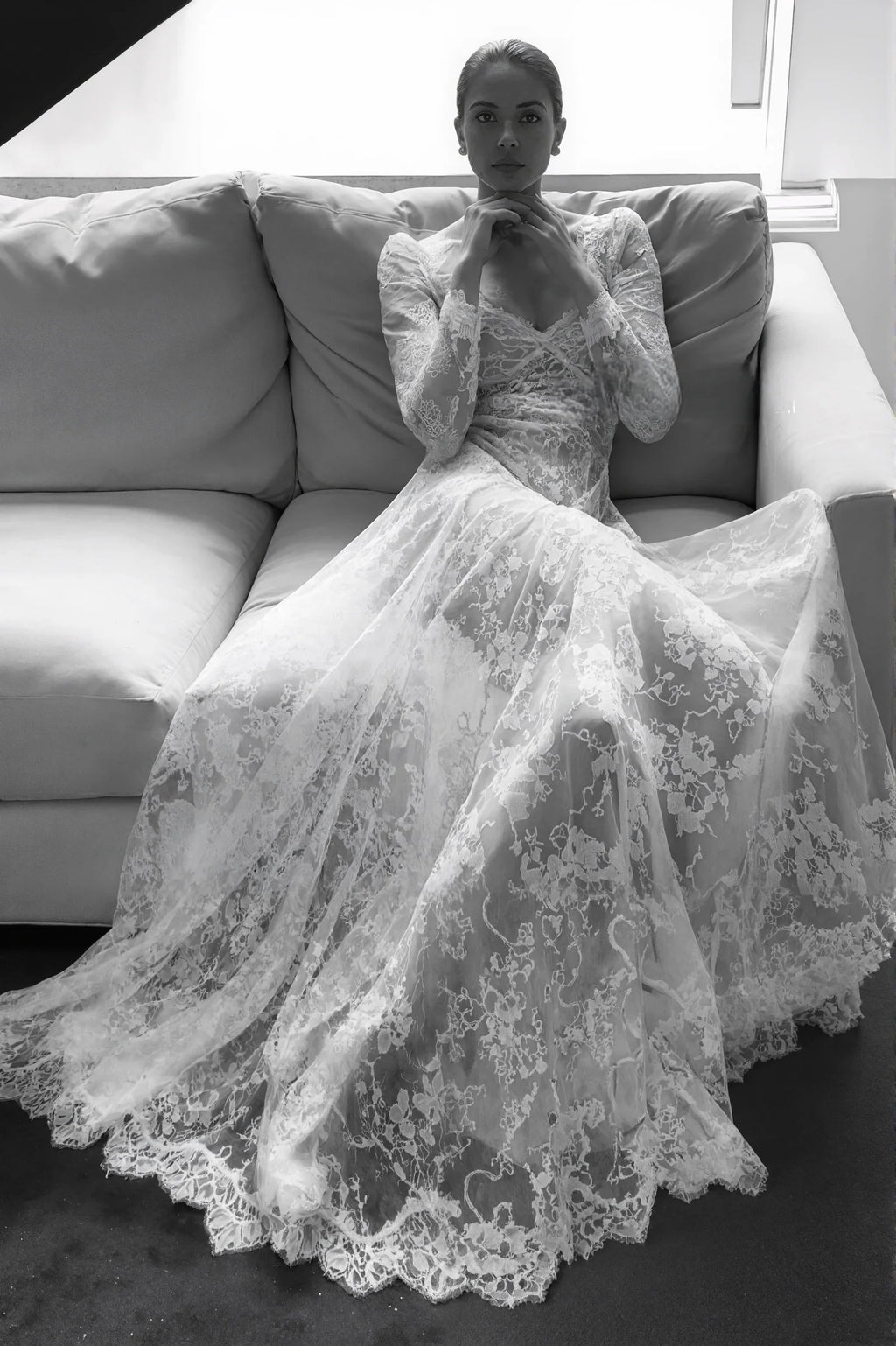 Luxury Long Sleeve Lace Sheer Robe | Bridal Getting Ready & Boudoir Gown