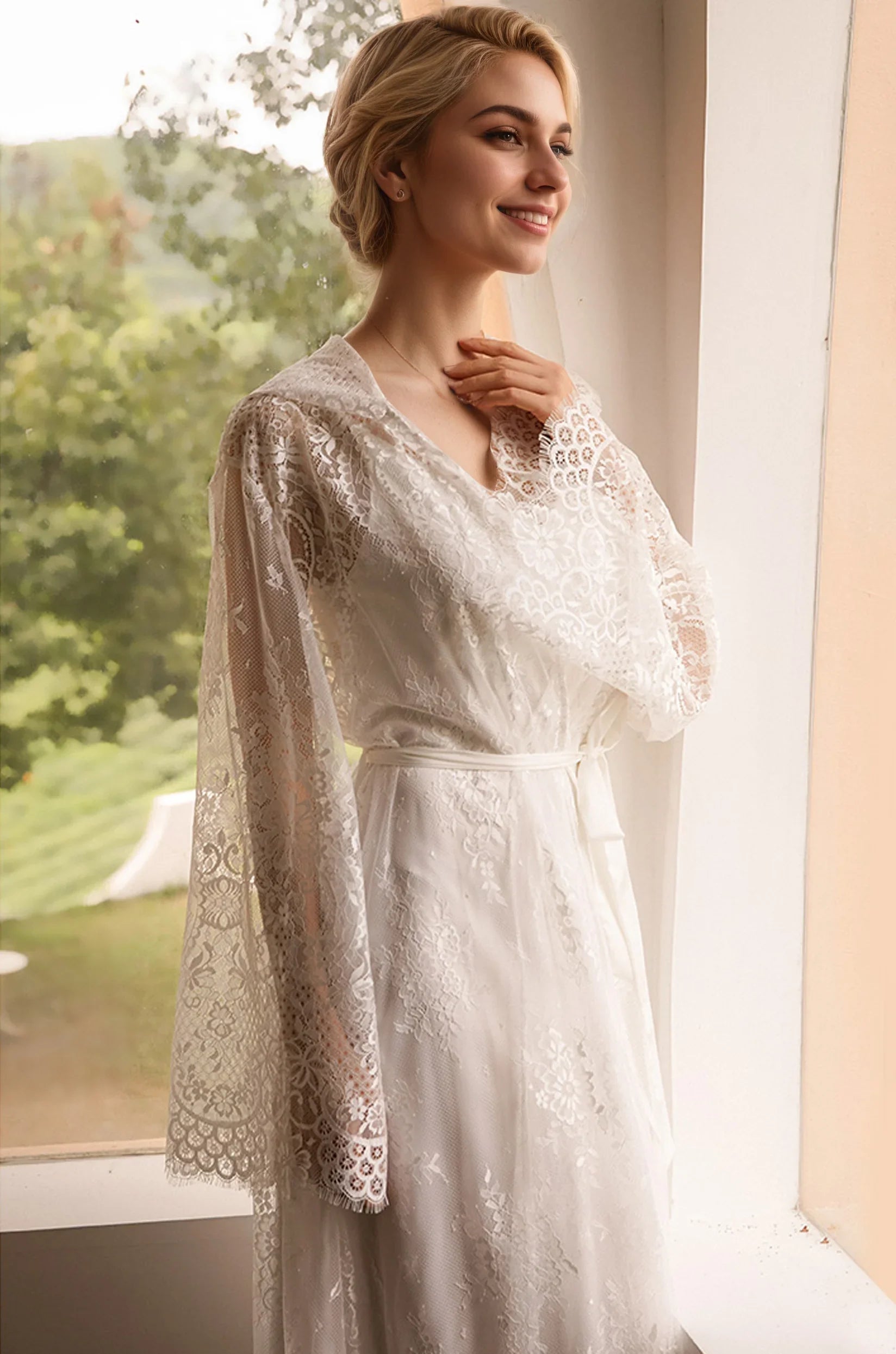 Romantic Floral Lace Hooded Bridal Robe – Long Sheer Lace Cover-Up with Satin Slip