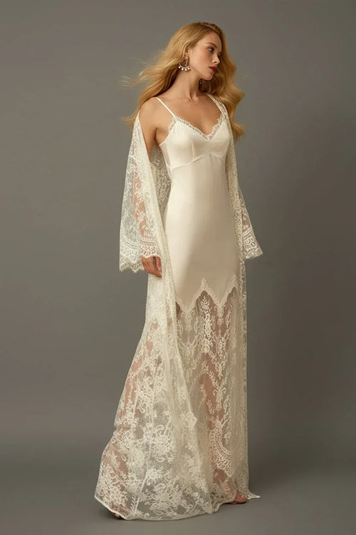 Chantilly Lace Long Robe with Silky Satin Lace Nightgown