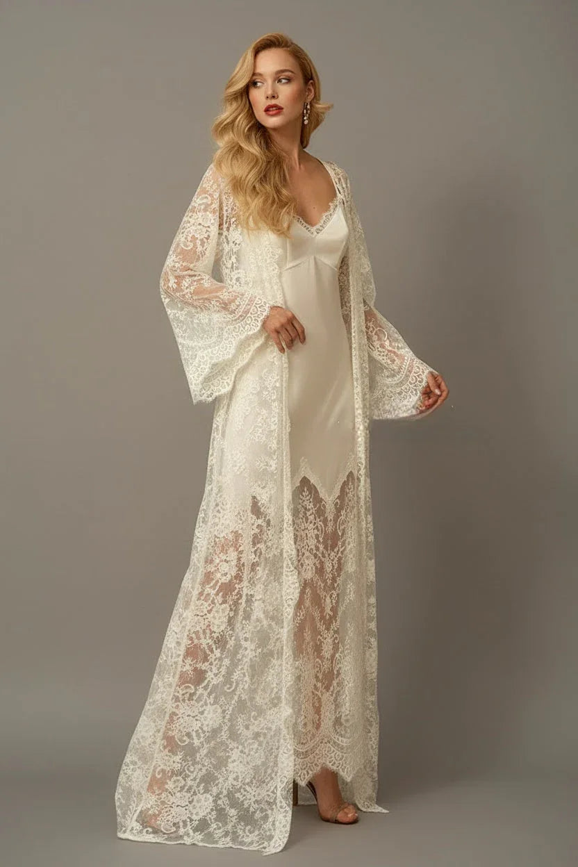 Chantilly Lace Long Robe with Silky Satin Lace Nightgown