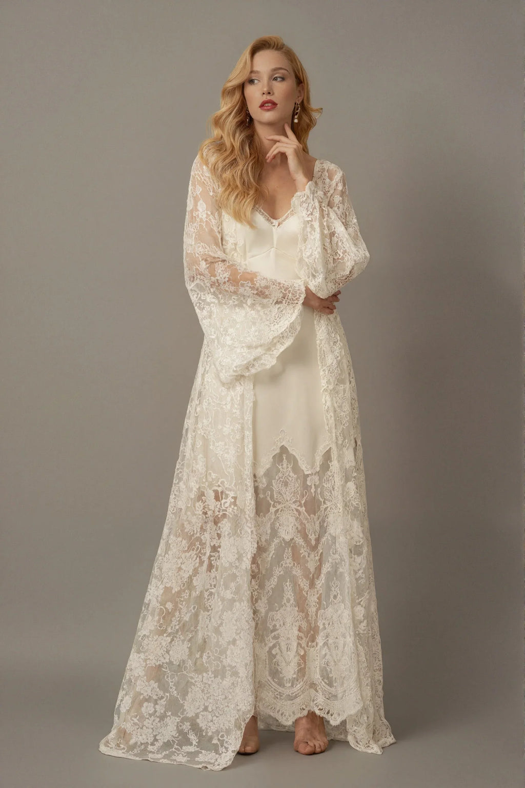 Chantilly Lace Long Robe with Silky Satin Lace Nightgown