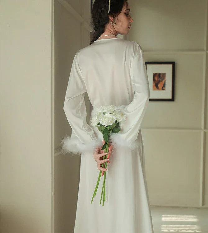Elegant Satin Feather-Trimmed Robe & Nightdress - Luxury Bridal & Lounge Wear
