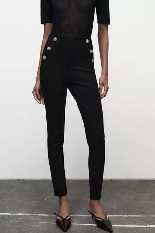 Autumn Women Clothing Decorated Row Button Mid Waist Bottoming Trousers