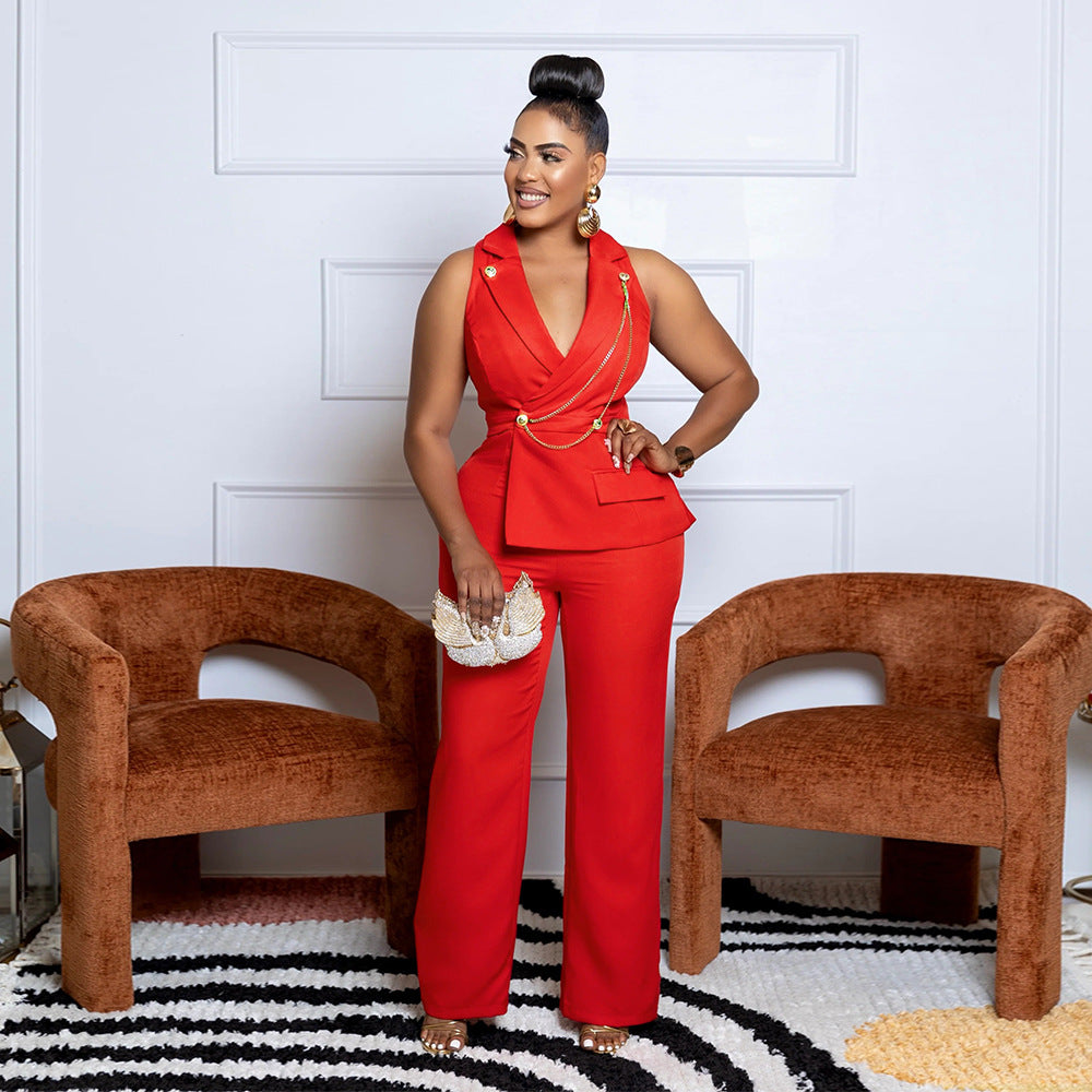 V neck Sexy Jumpsuit Chain Terms Casual Wide Leg for Women
