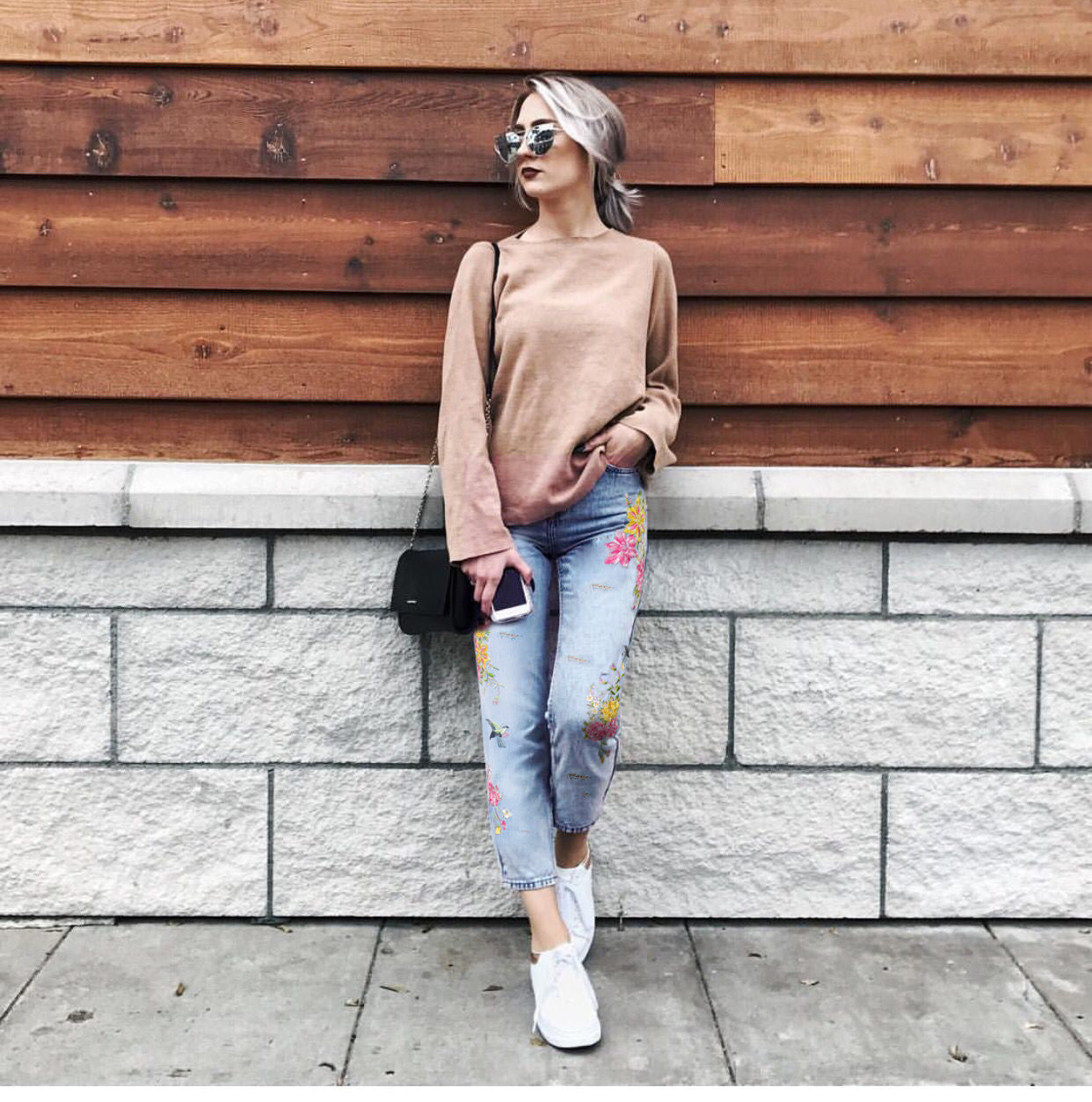 Women Clothing Bird Floral Front Rear Embroidered High Waist Straight Irregular Asymmetric Worn Jeans