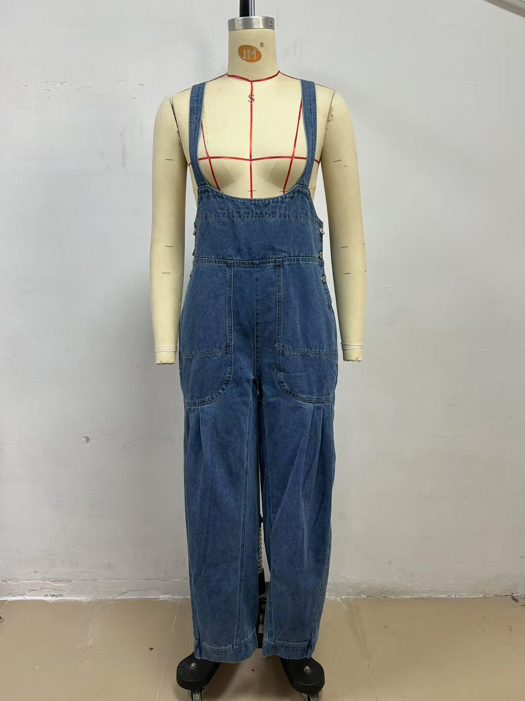Women Loose Casual Side Pocket Sleeveless Denim Suspender Pants