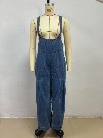 Women Loose Casual Side Pocket Sleeveless Denim Suspender Pants