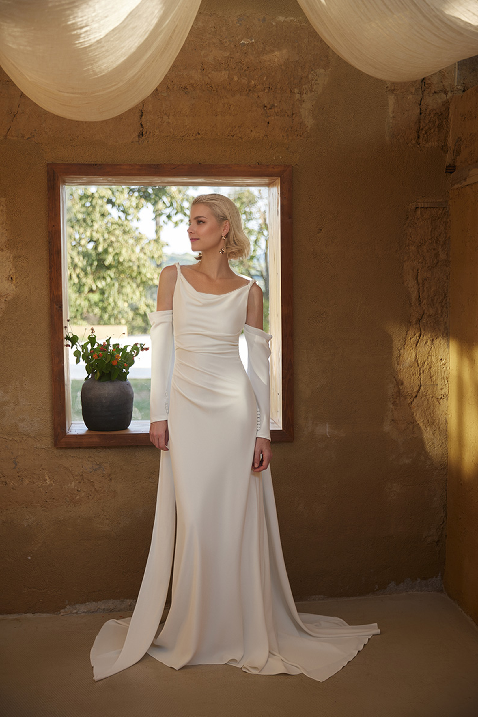 Minimalist Off-Shoulder Satin Wedding Gown with Detachable Sleeves