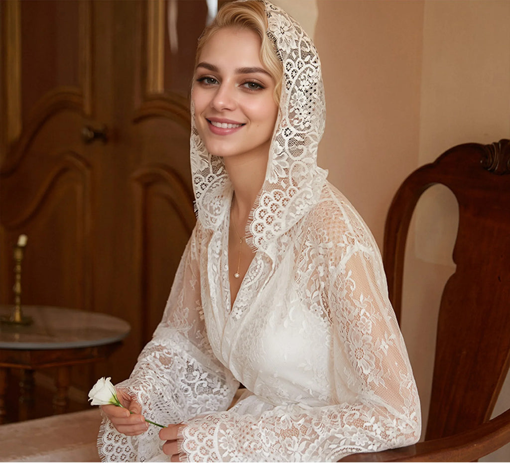 Romantic Floral Lace Hooded Bridal Robe – Long Sheer Lace Cover-Up with Satin Slip