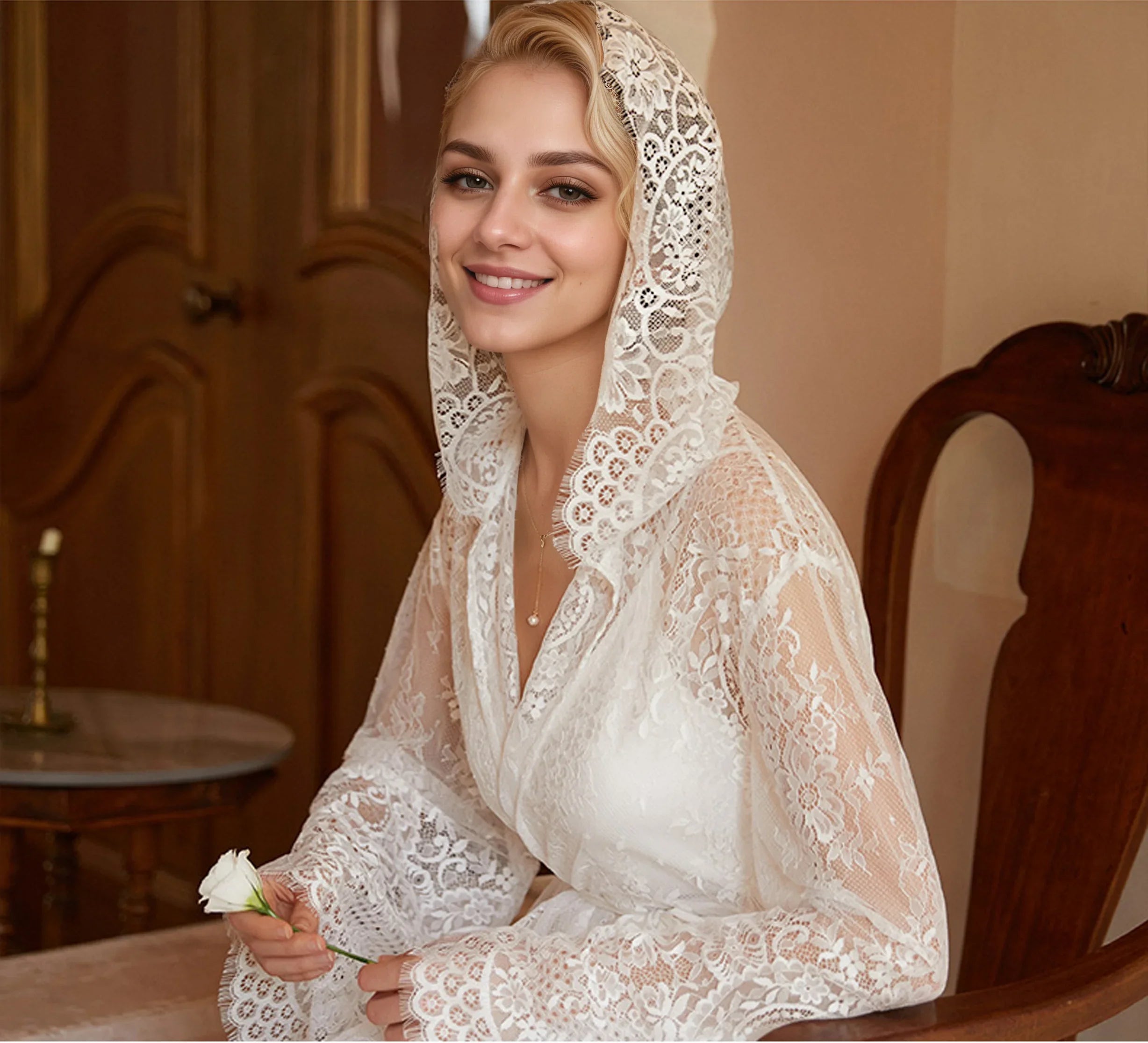 Romantic Floral Lace Hooded Bridal Robe – Long Sheer Lace Cover-Up with Satin Slip