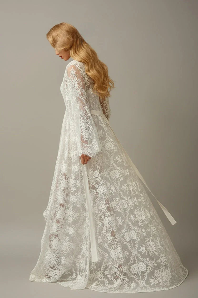 Chantilly Lace Long Robe with Silky Satin Lace Nightgown