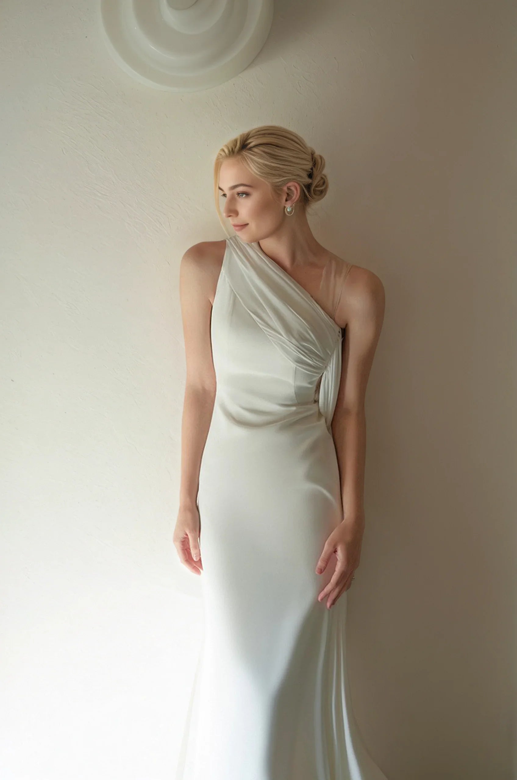 Minimalist One-Shoulder Silky Satin Wedding Dress with Draped Back