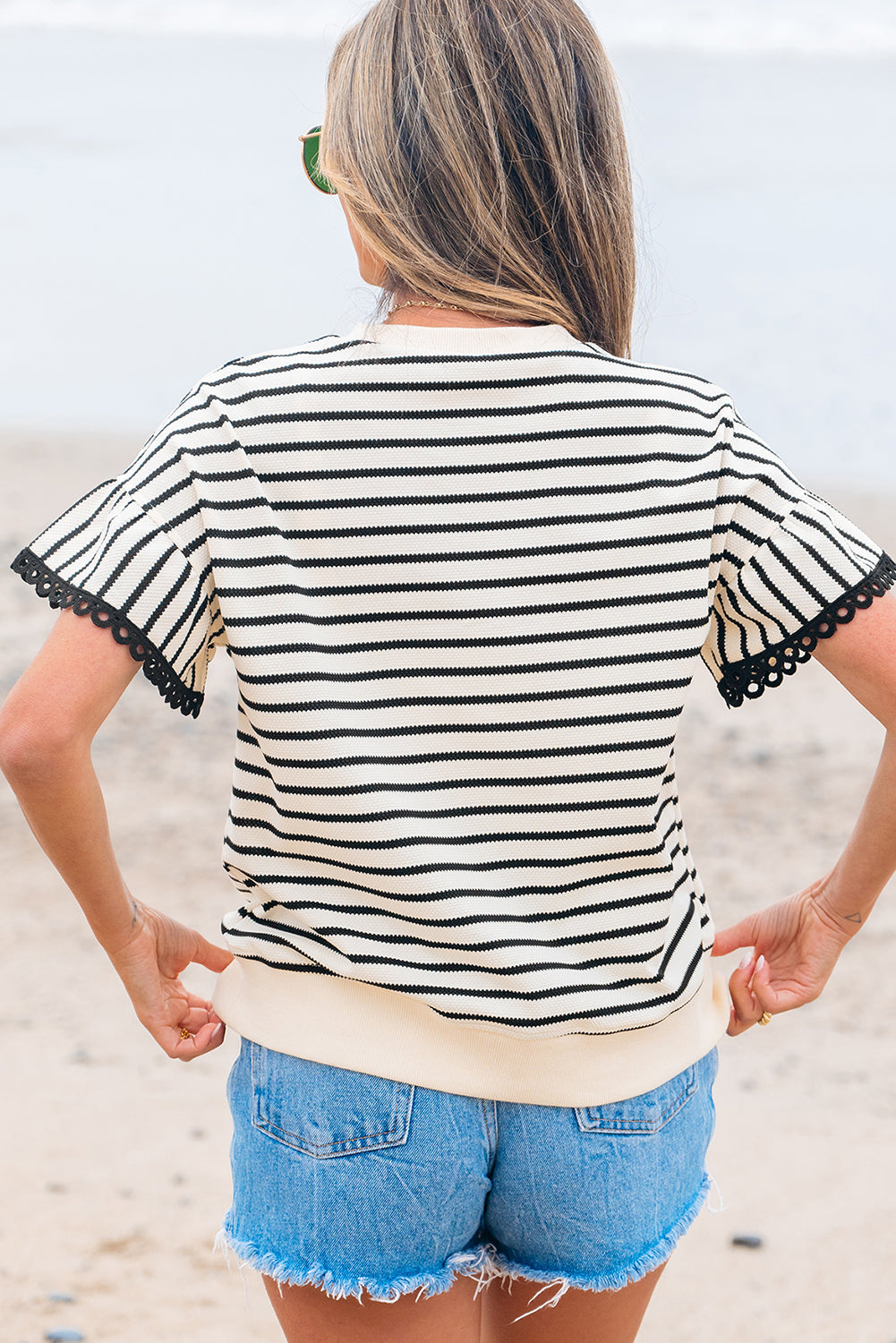 Stripe Scallop Trim Ruffle Crewneck